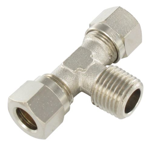Universal DIN standard T compression fittings male BSP tapered central connection in nickel-plated brass Universal compression DIN standard fittings