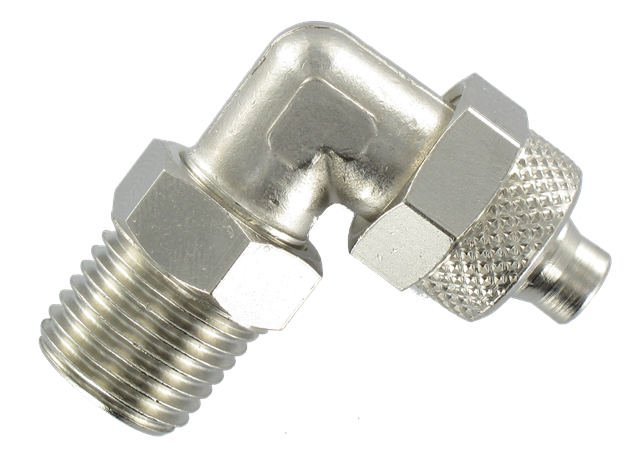 Elbow push-on fittings male, swivel, BSP tapered thread Push-on fittings in nickel plated brass