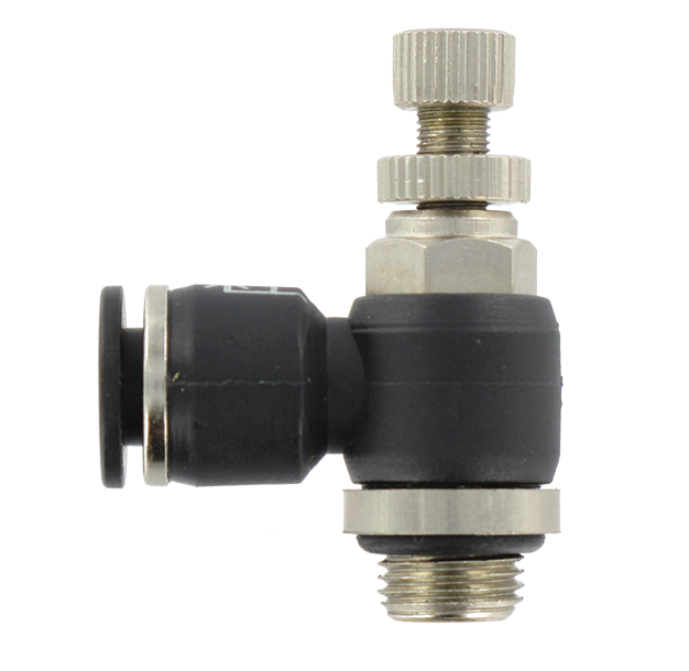 Flow control valves with knurled adjusting screw and push-in fitting unidirectional exhaust version cylindrical BSP in resin 4700 - Push-in fittings SENFIT