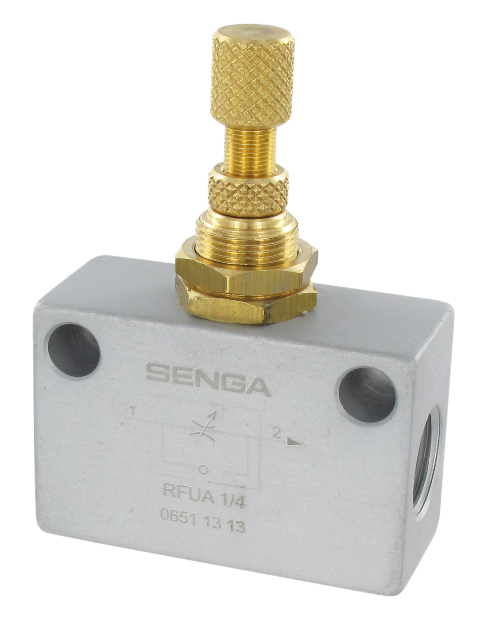 In-line unidirectional flow controller with axial threading 1/4 Pneumatic function fittings