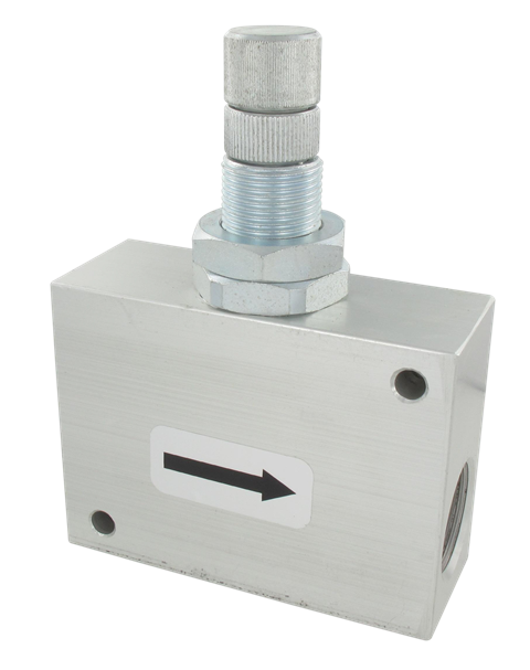 In-line unidirectional flow controller with axial threading 3/4 Pneumatic function fittings