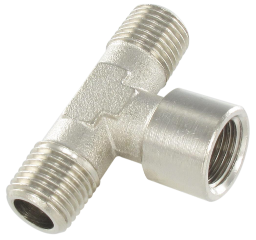 Nickel-plated brass conical male T-fittings with cylindrical female center tap Standard fittings in nickel plated brass