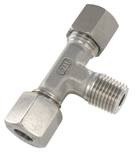 Universal DIN 2353 compression T fitting male centre tapered thread BSP in stainless steel T6-1/8