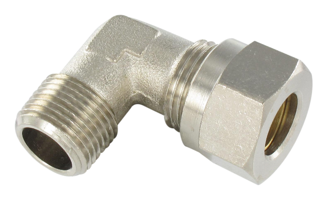 Universal DIN standard compression fitting BSP tapered male elbow in nickel-plated brass T8-1/8